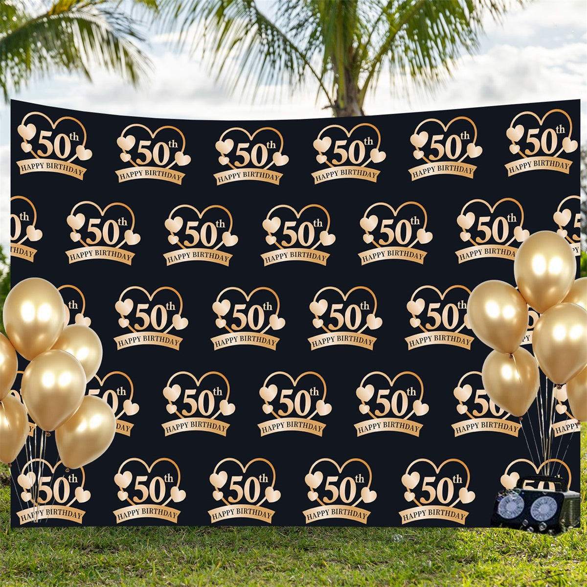 Toile de fond Deco Anniversaire Cœurs Dorés 50ème BRP3-107