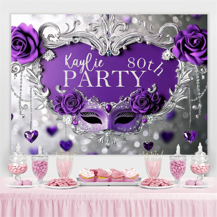 Toile de fond Photo Anniversaire Personnalisable Masque Violet Roses Paillettes BRP3-245