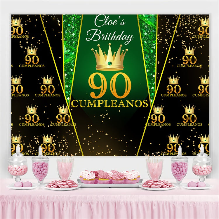 Toile de fond Anniversaire Personnalisée Couronne Émeraude Dorée 90ème BRP3-261