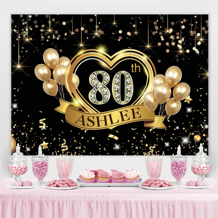 Toile de fond Deco Anniversaire Personnalisée Ballon Cœur Doré 80ème BRP3-270