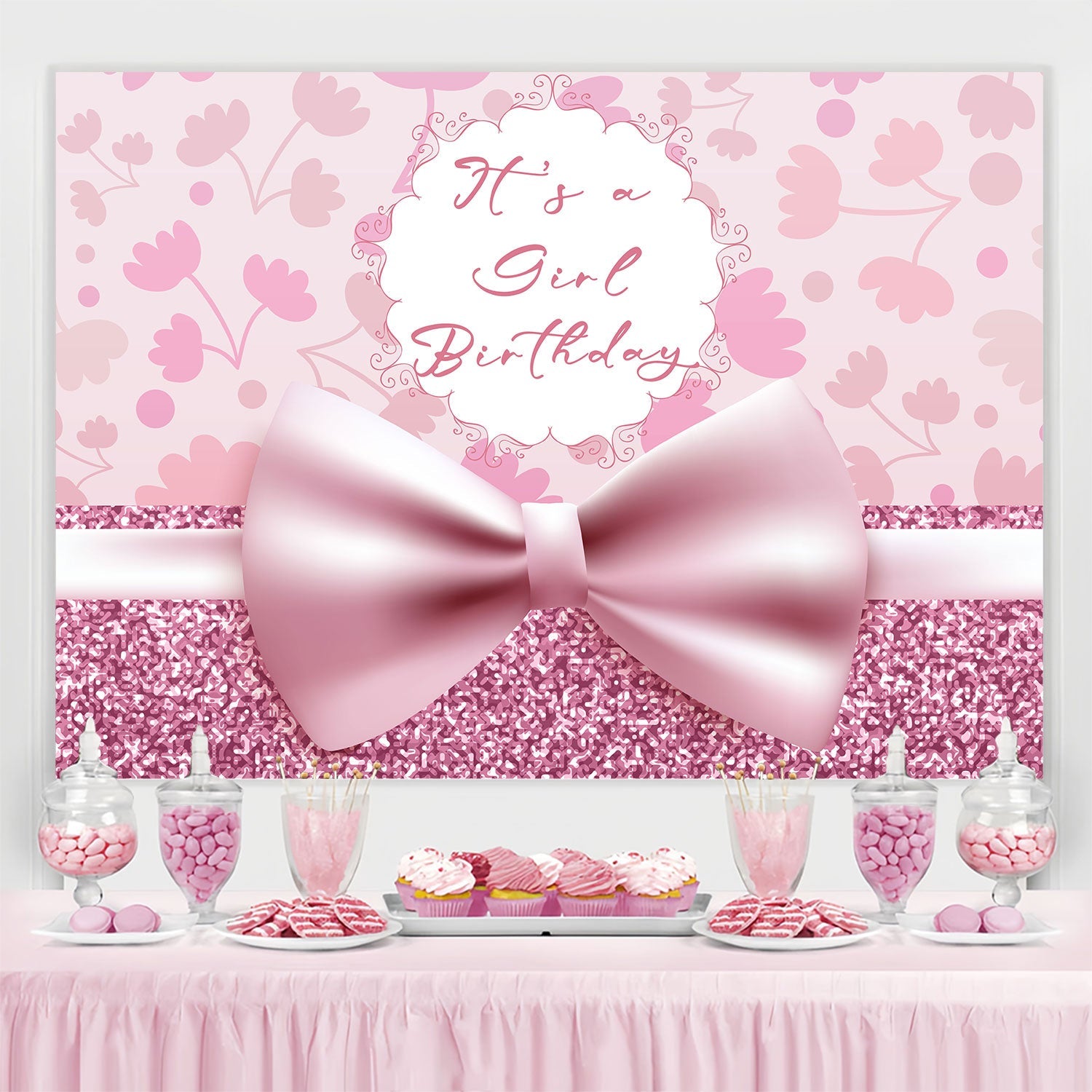 Toile de fond Anniversaire Personnalisé Nœud Rose Romantique BRP3-56