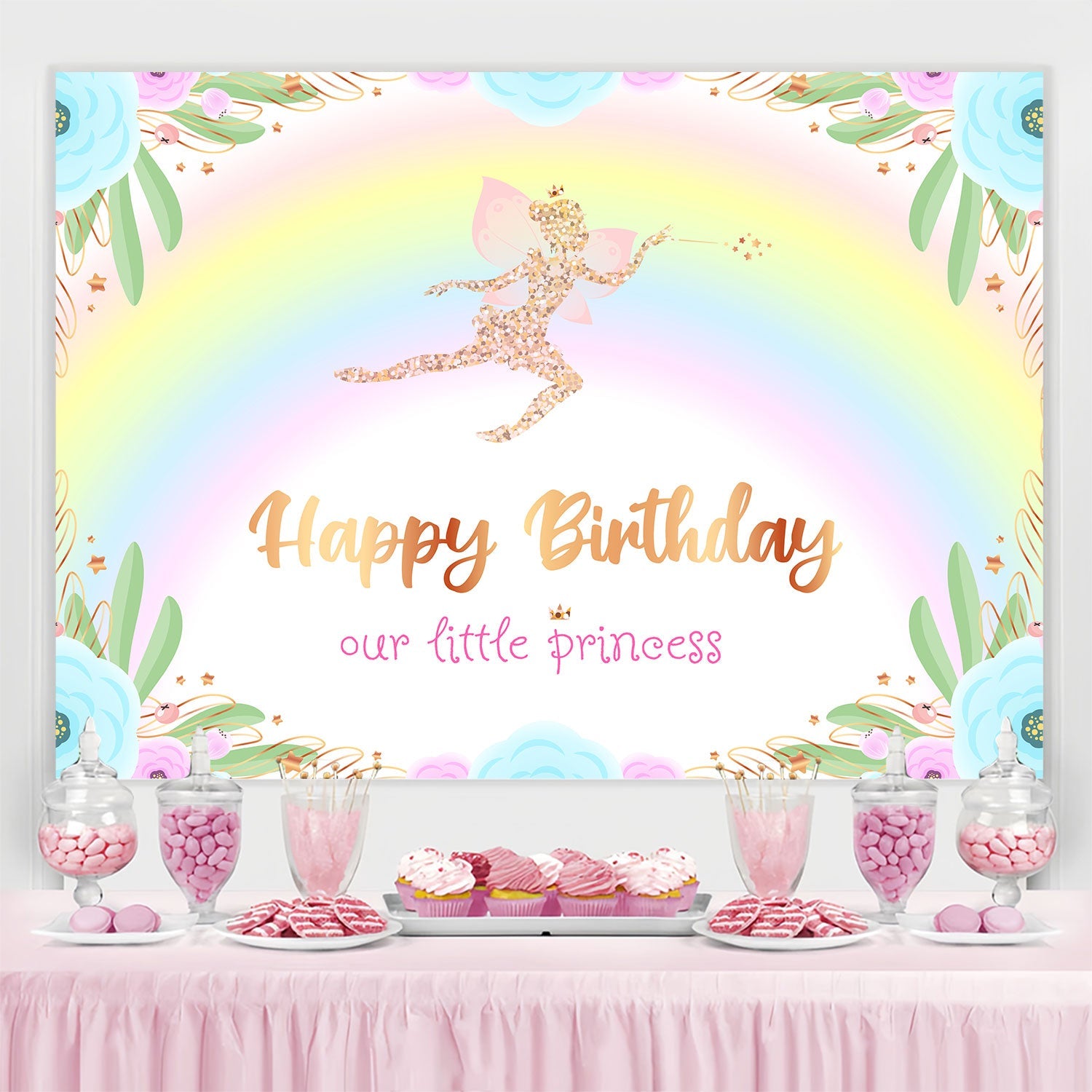 Toile de fond Deco Anniversaire Ailes Dorées Rêve Fée BRP3-57