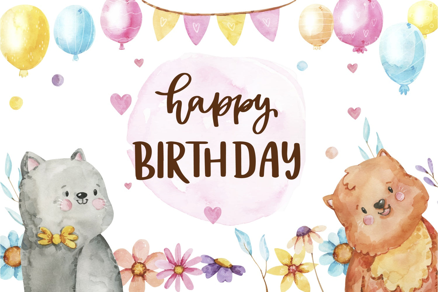 Toile de fond Deco Anniversaire Aquarelle Animaux Mignons BRP3-74