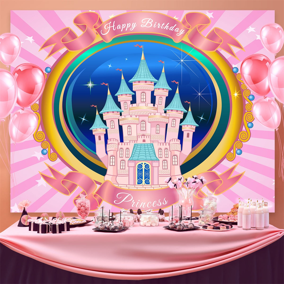 Toile de fond Deco Anniversaire Château Magique Rose BRP3-82