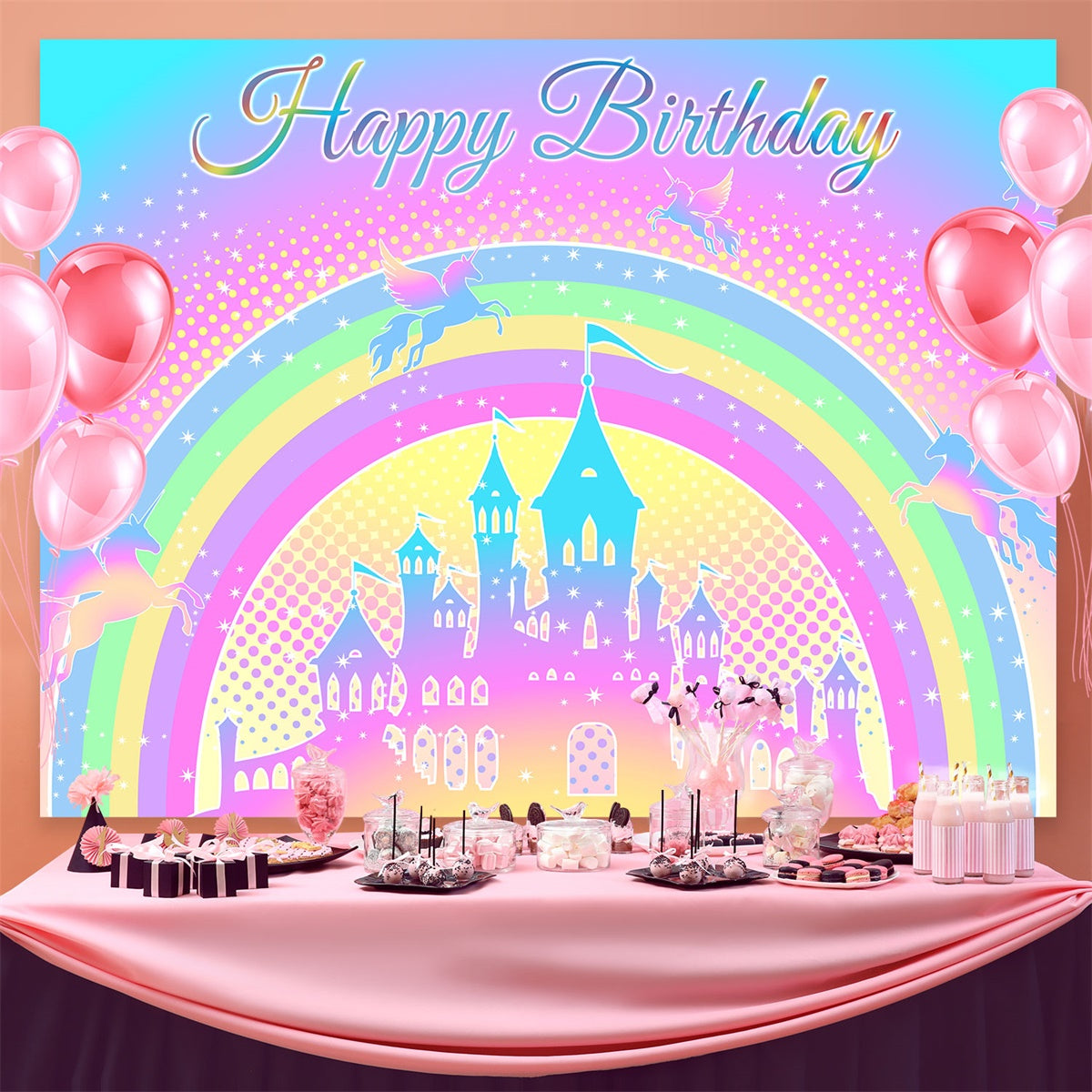 Toile de fond Anniversaire Personnalisable Château Licorne Magique BRP3-83