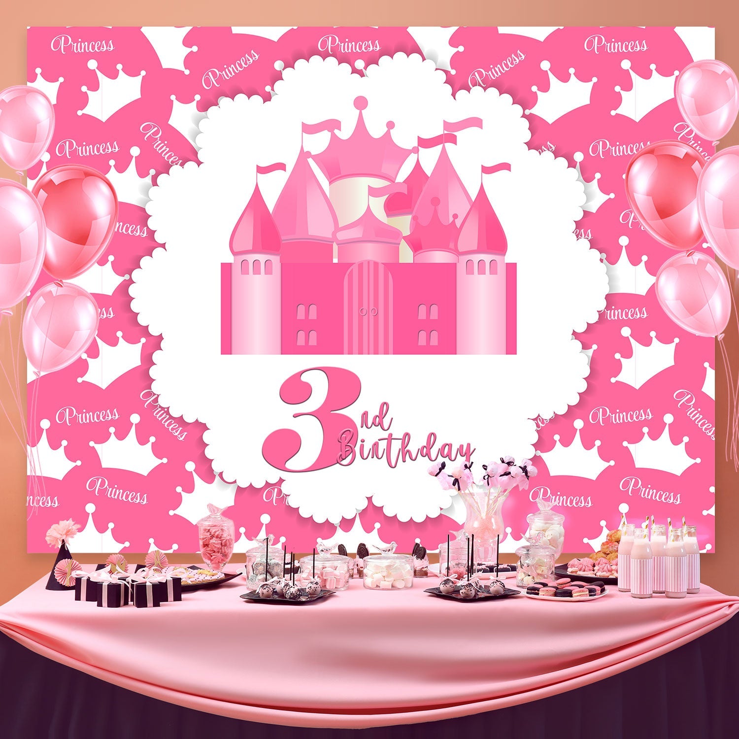 Toile de fond Photo Anniversaire Château Princesse Rose 3ème BRP3-84