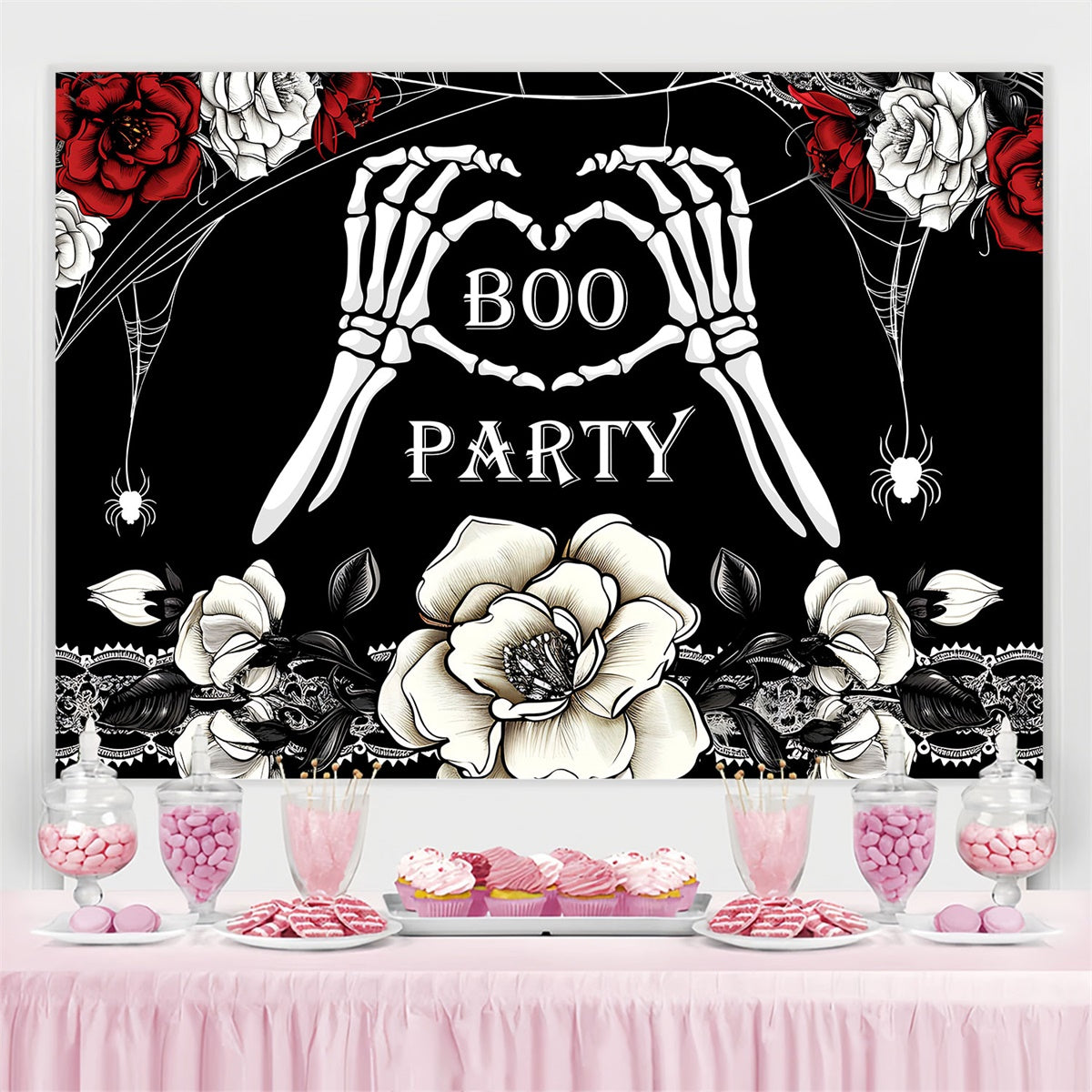Toile de fond Anniversaire Personnalisable Gothique Squelettes Roses BRP3-90