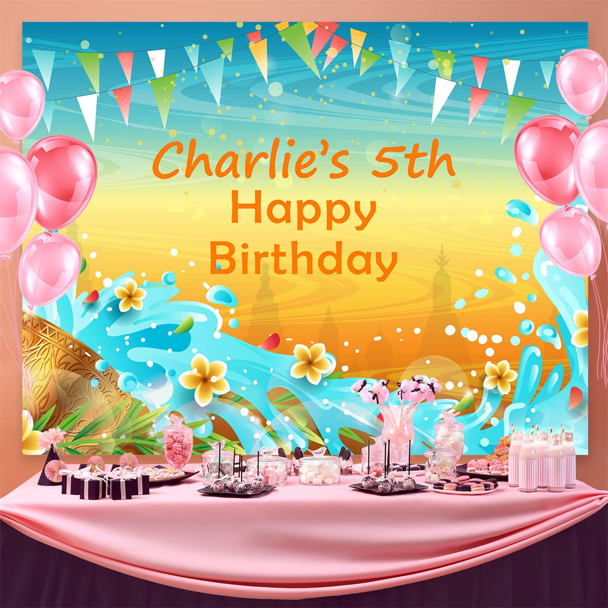 Toile de fond Anniversaire Personnalisable Plage Ensoleillée Jeux d’Eau BRP3-97