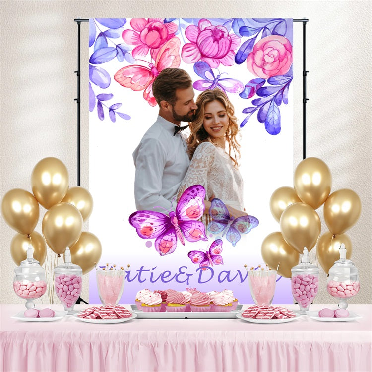 Toile de fond Mariage Personnalisable Papillon Floral Aquarelle Personnalisée BRP4-112