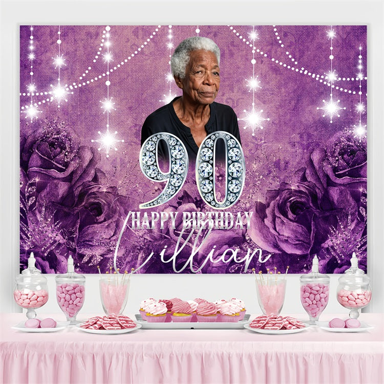 Toile de fond Anniversaire Personnalisable Rose Vintage 90ème Violet BRP4-34