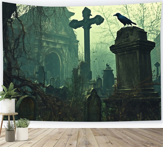 Toile de fond Photo Halloween Église Abandonnée et Tombes BRP57-103