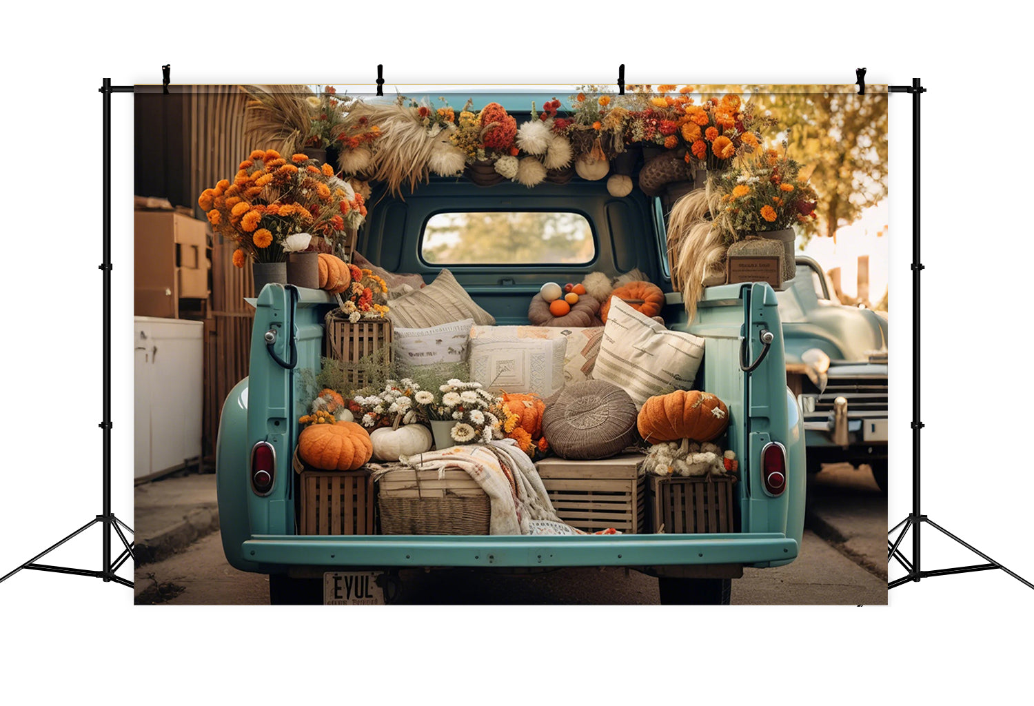 Toile de fond de forêt avec citrouilles et camion bleu en automne BRP7-101