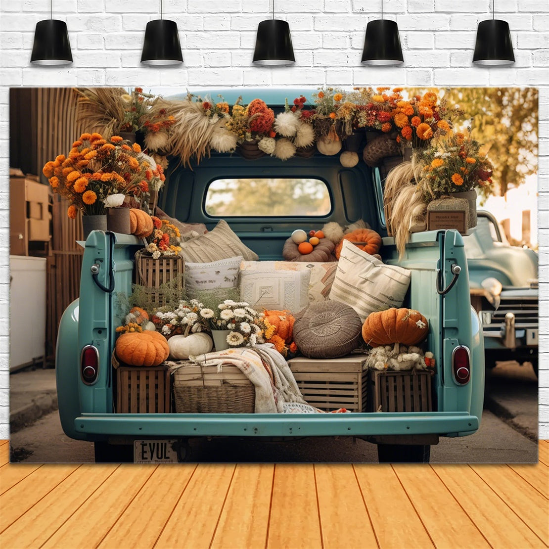 Toile de fond de forêt avec citrouilles et camion bleu en automne BRP7-101