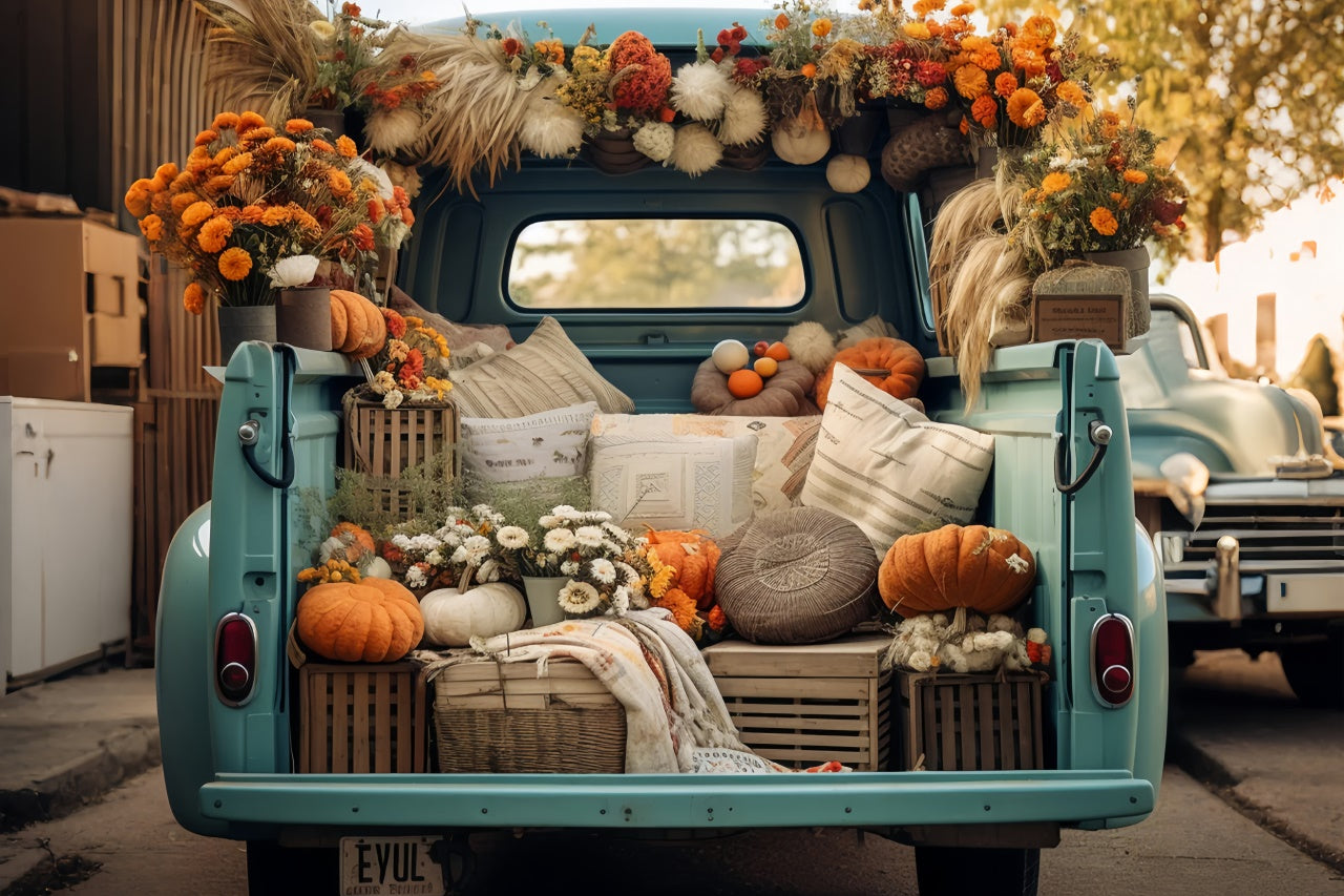 Toile de fond de forêt avec citrouilles et camion bleu en automne BRP7-101