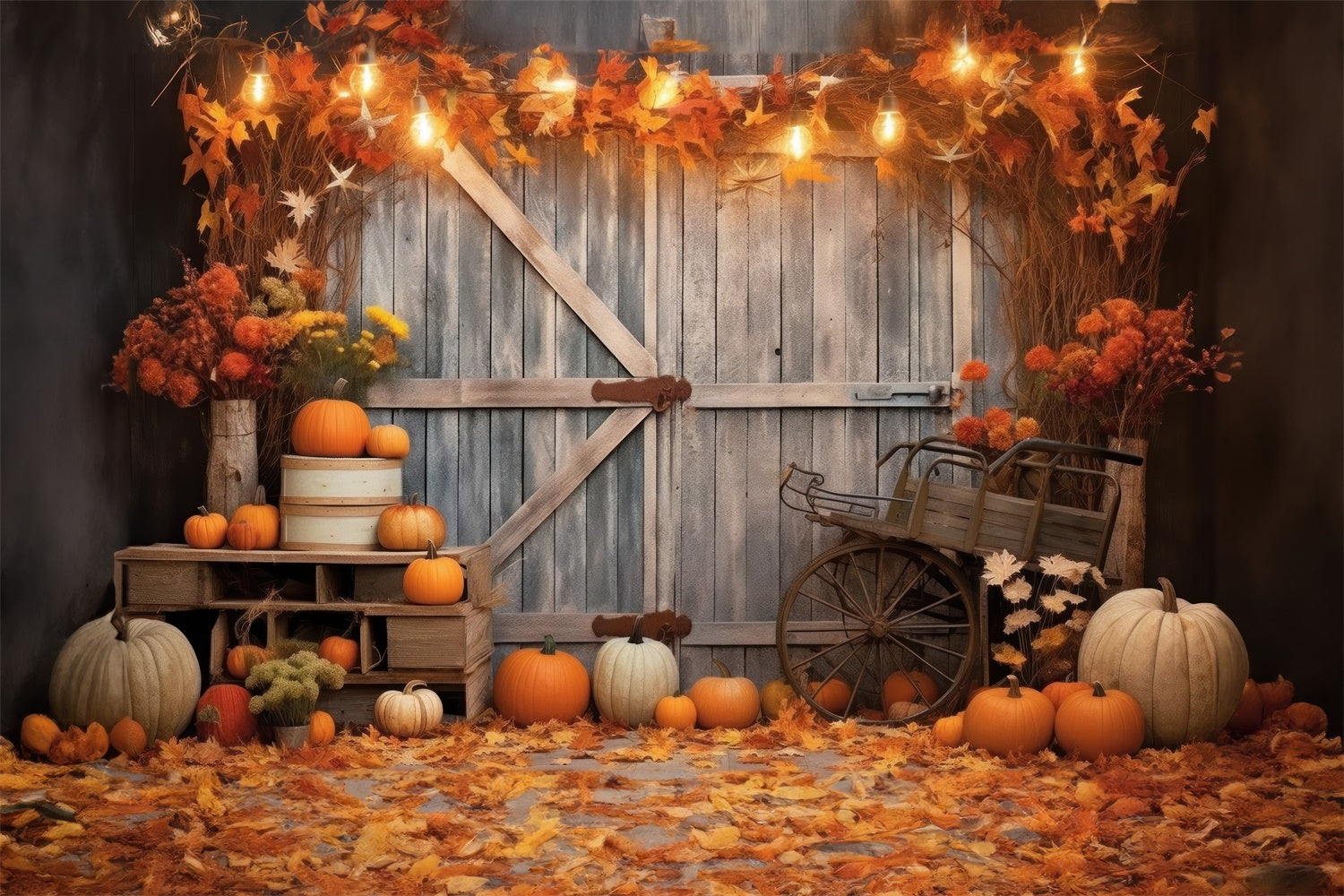 Toile de fond de porte de grange en bois avec citrouilles d'automne BRP7-116