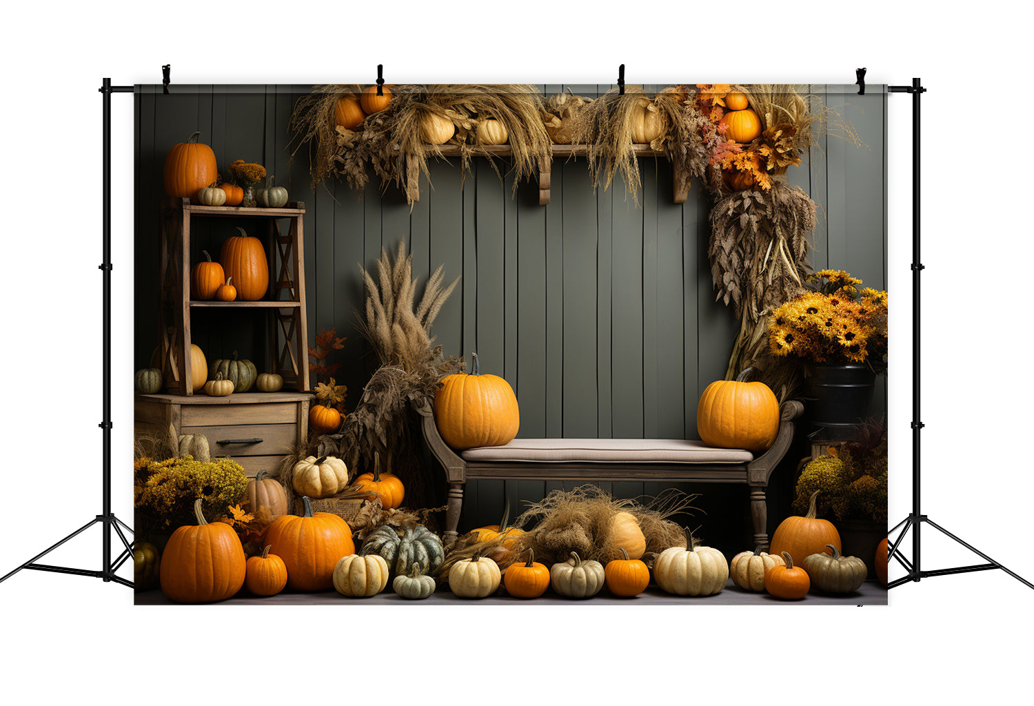 Toile de fond d'étagère avec citrouilles et roseaux d'automne BRP7-127