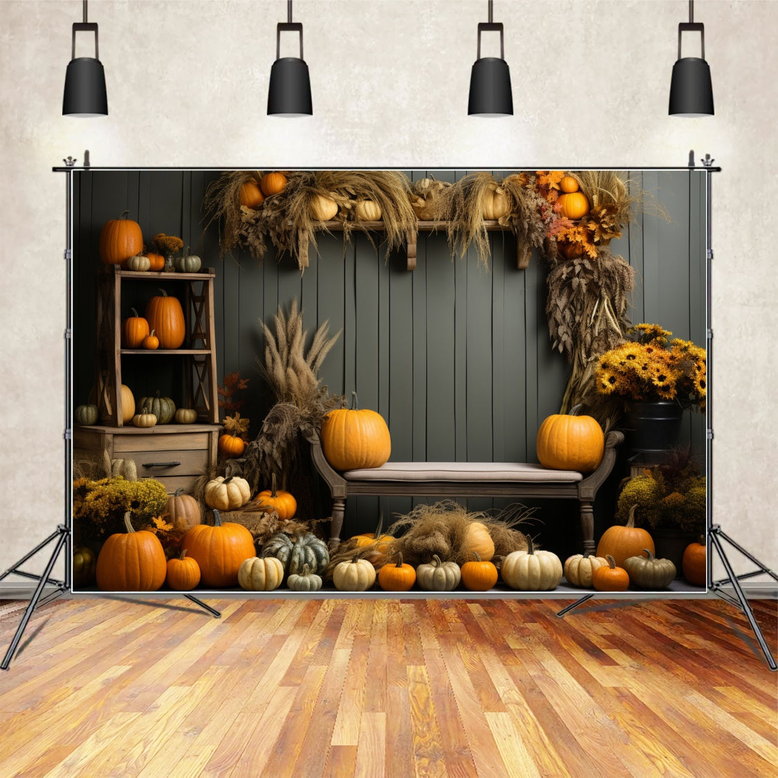 Toile de fond d'étagère avec citrouilles et roseaux d'automne BRP7-127