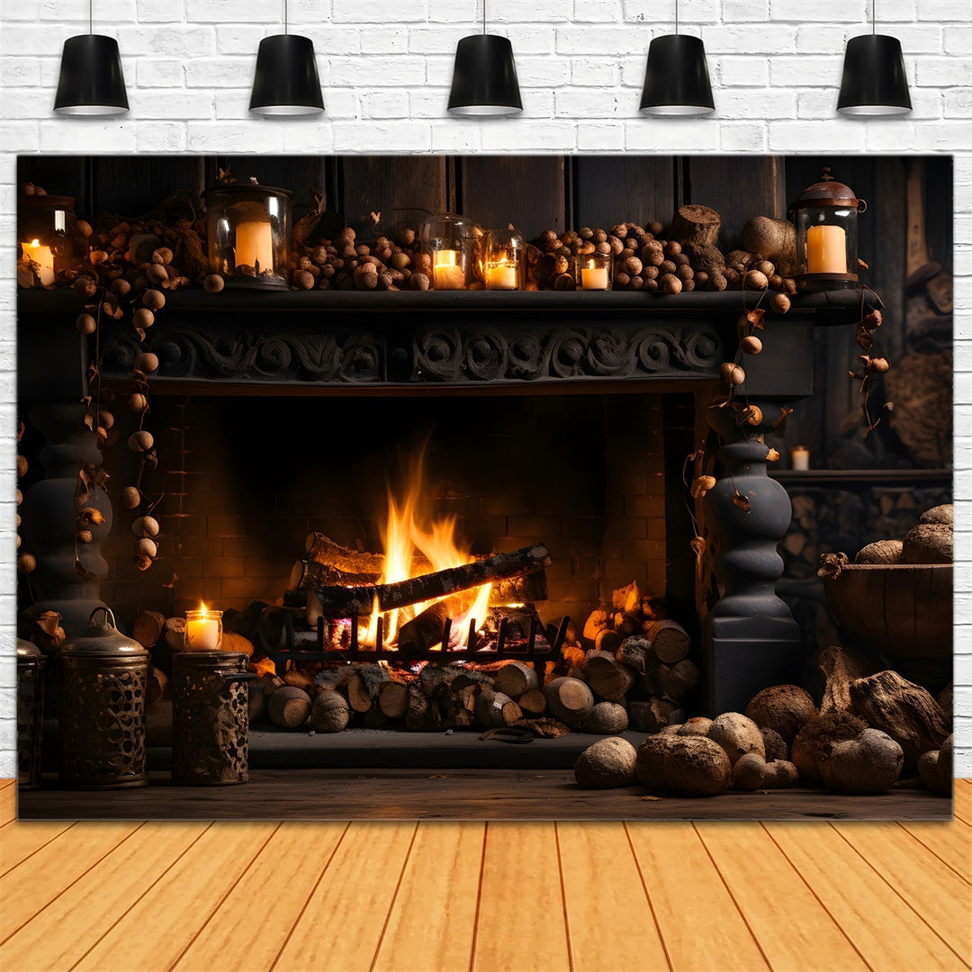 Toile de fond de cheminée noire avec bois de chauffage d'automne BRP7-131