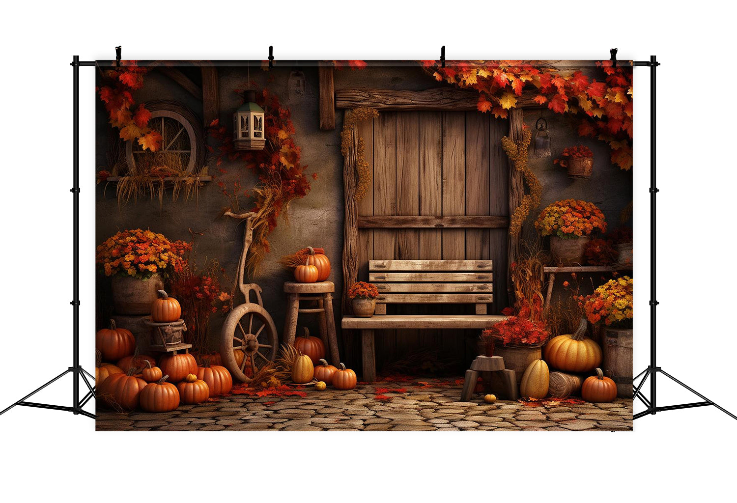 Toile de fond de porte en bois avec feuille d'érable et citrouilles d'automne BRP7-132