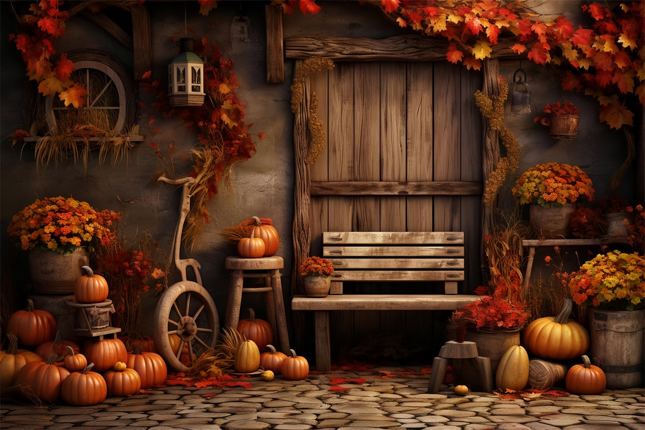 Toile de fond de porte en bois avec feuille d'érable et citrouilles d'automne BRP7-132