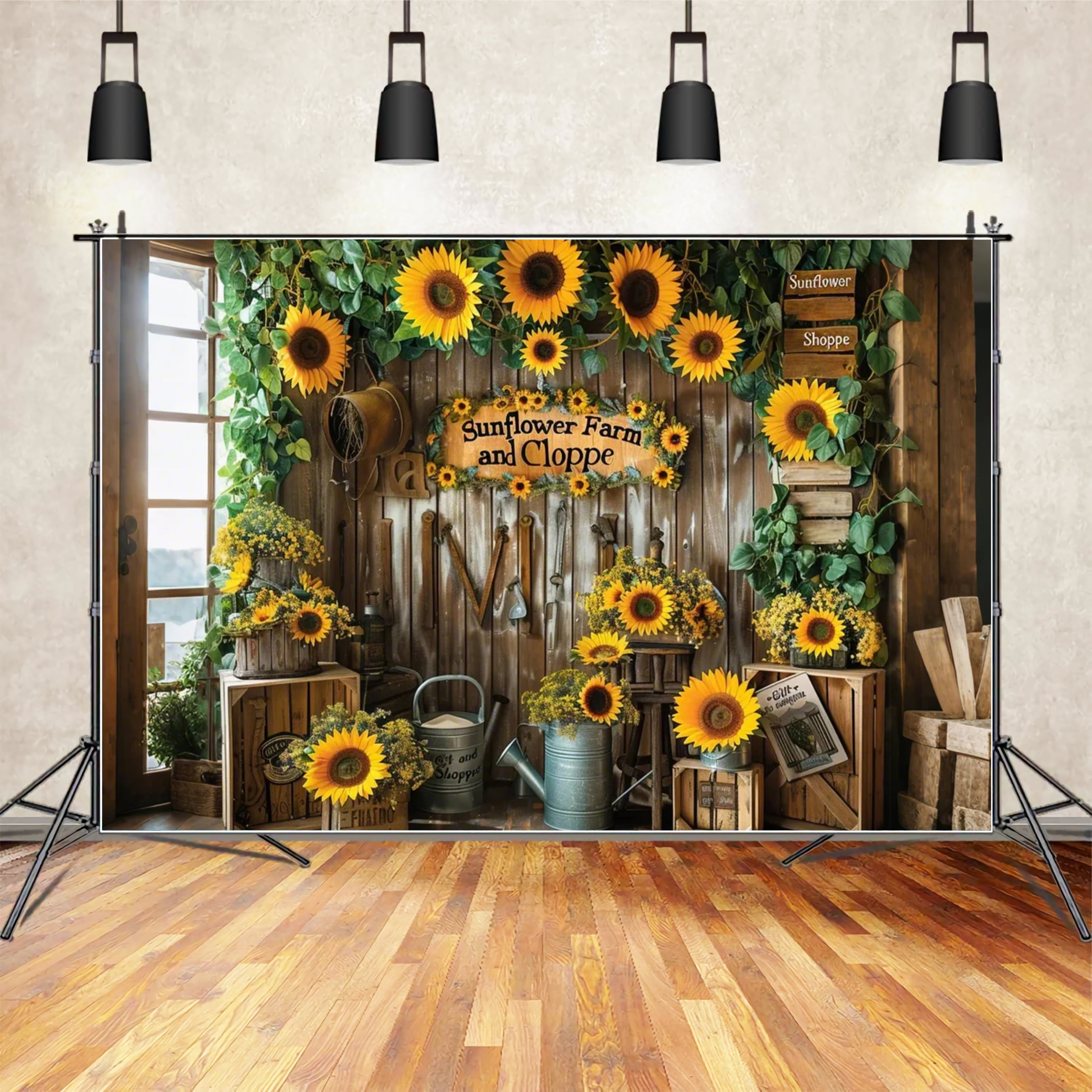 Toile de fond de magasin de cadeaux avec tournesols et porte en bois d'automne BRP7-134
