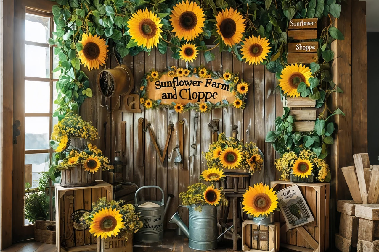 Toile de fond de magasin de cadeaux avec tournesols et porte en bois d'automne BRP7-134