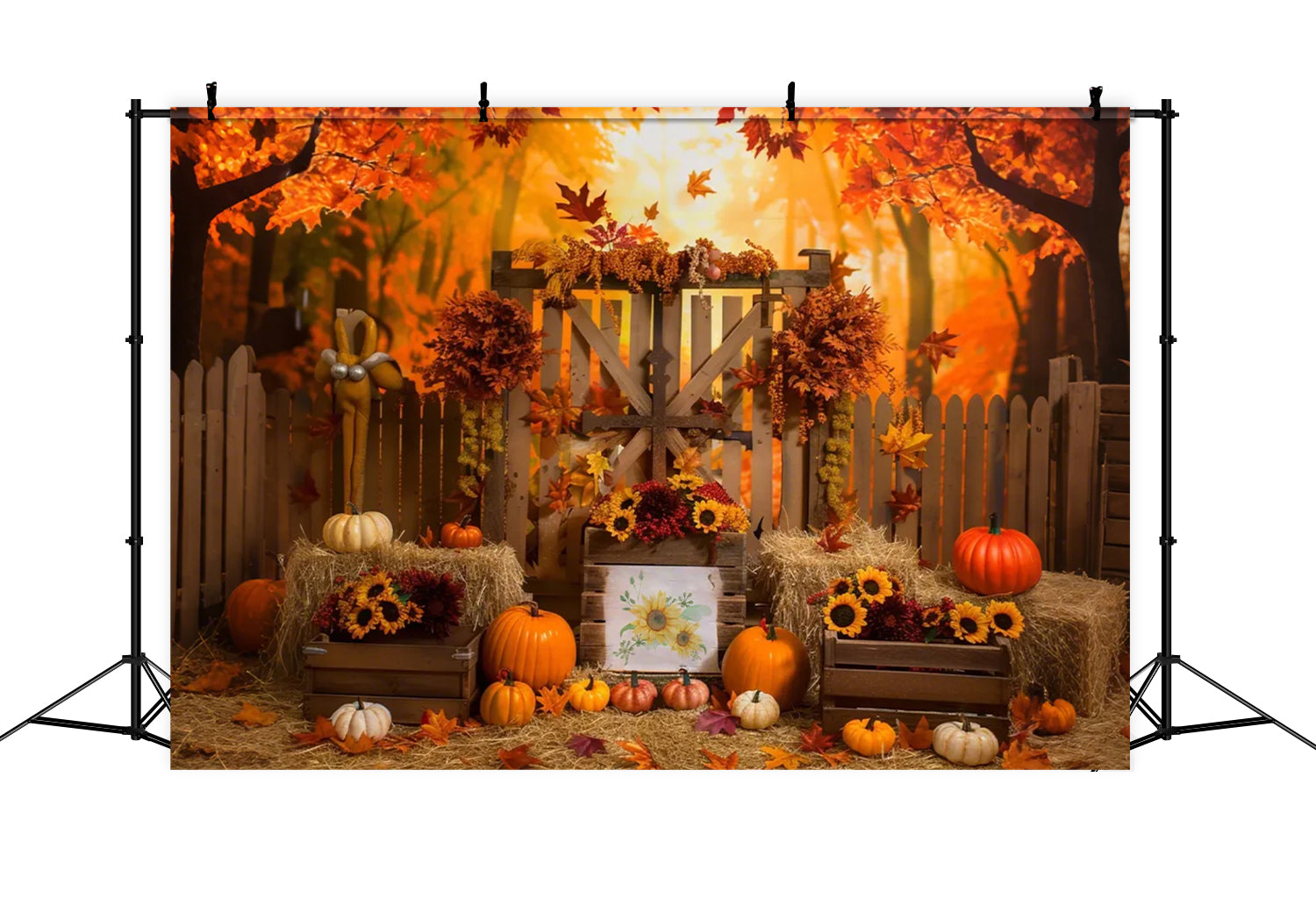 Toile de fond de forêt d'érable avec clôture et citrouilles d'automne BRP7-135