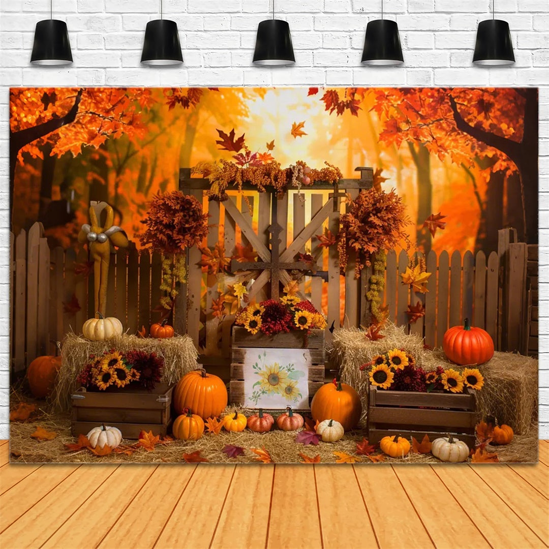 Toile de fond de forêt d'érable avec clôture et citrouilles d'automne BRP7-135