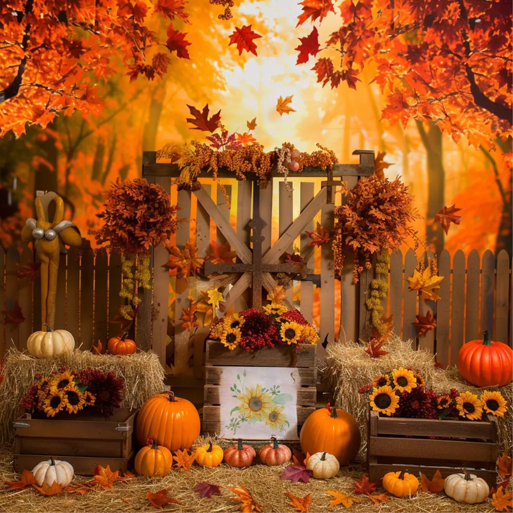 Toile de fond de forêt d'érable avec clôture et citrouilles d'automne BRP7-135