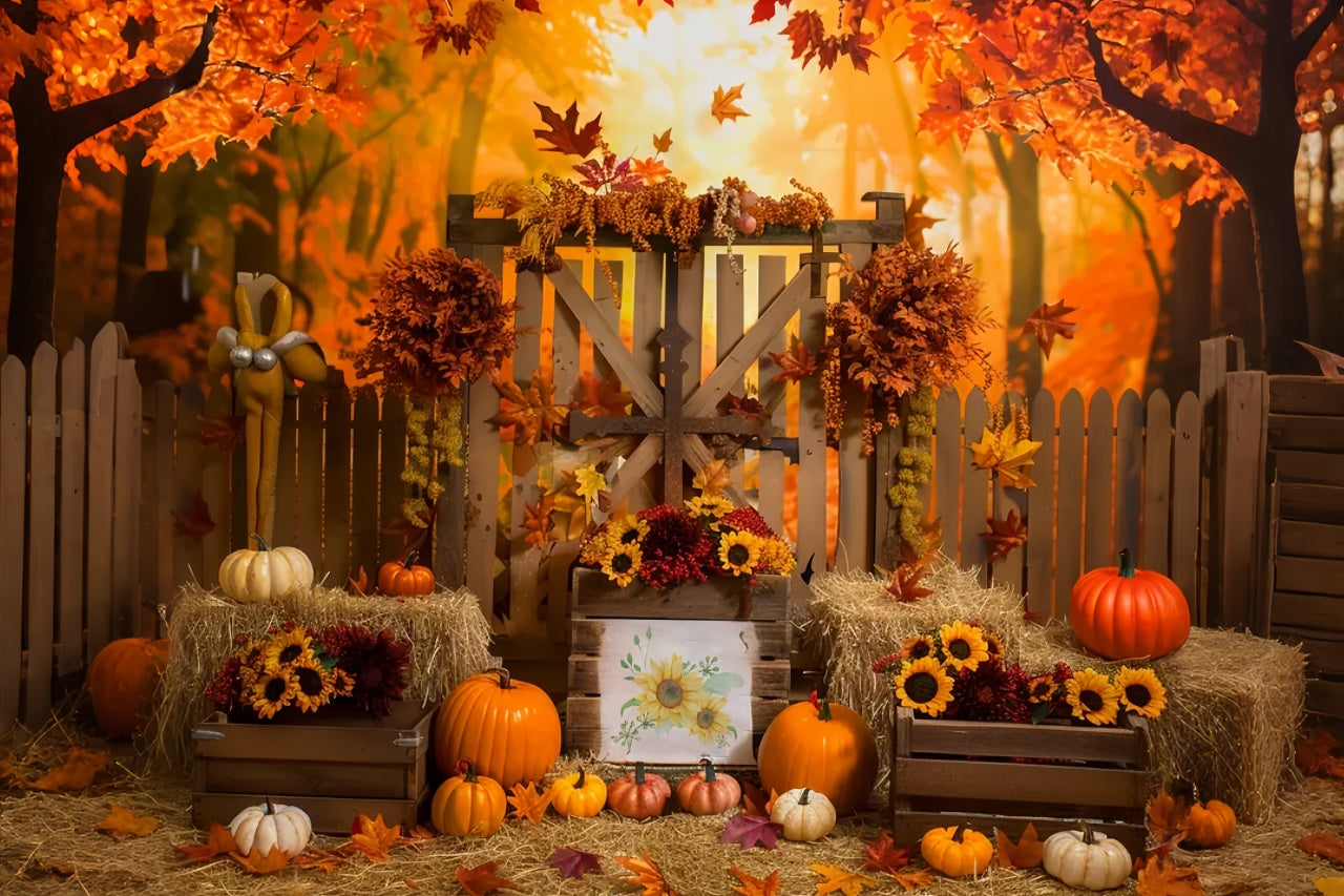 Toile de fond de forêt d'érable avec clôture et citrouilles d'automne BRP7-135