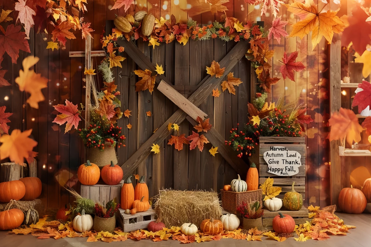 Toile de fond de porte de grange avec feuille et citrouilles "Joyeux Automne" BRP7-137