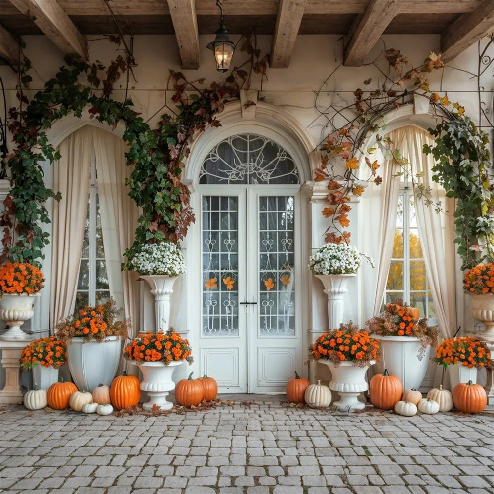 Toile de fond de porte d'arc blanche avec citrouilles d'automne BRP7-139