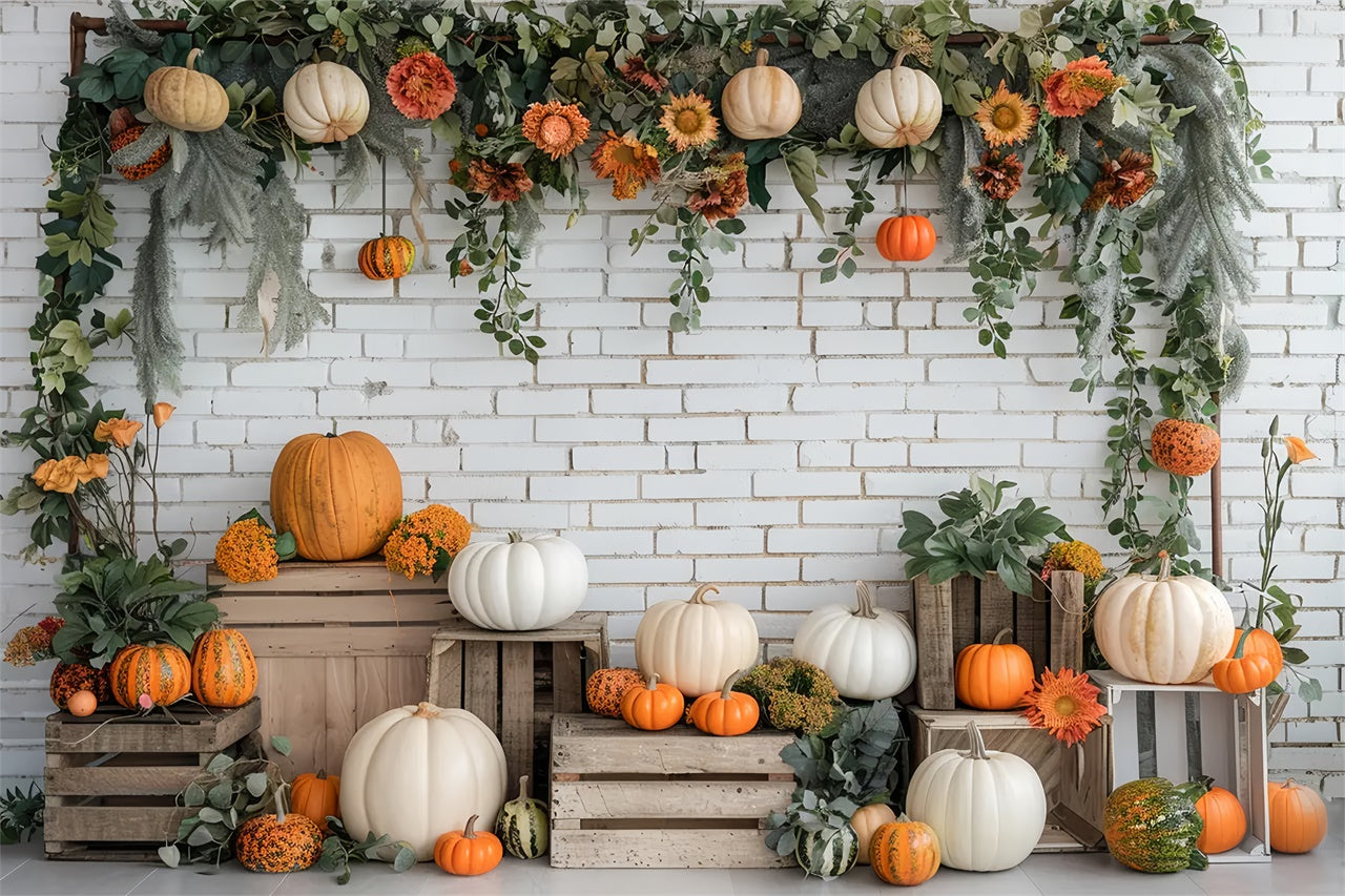 Toile de fond de stand de citrouilles en briques blanches d'automne BRP7-140