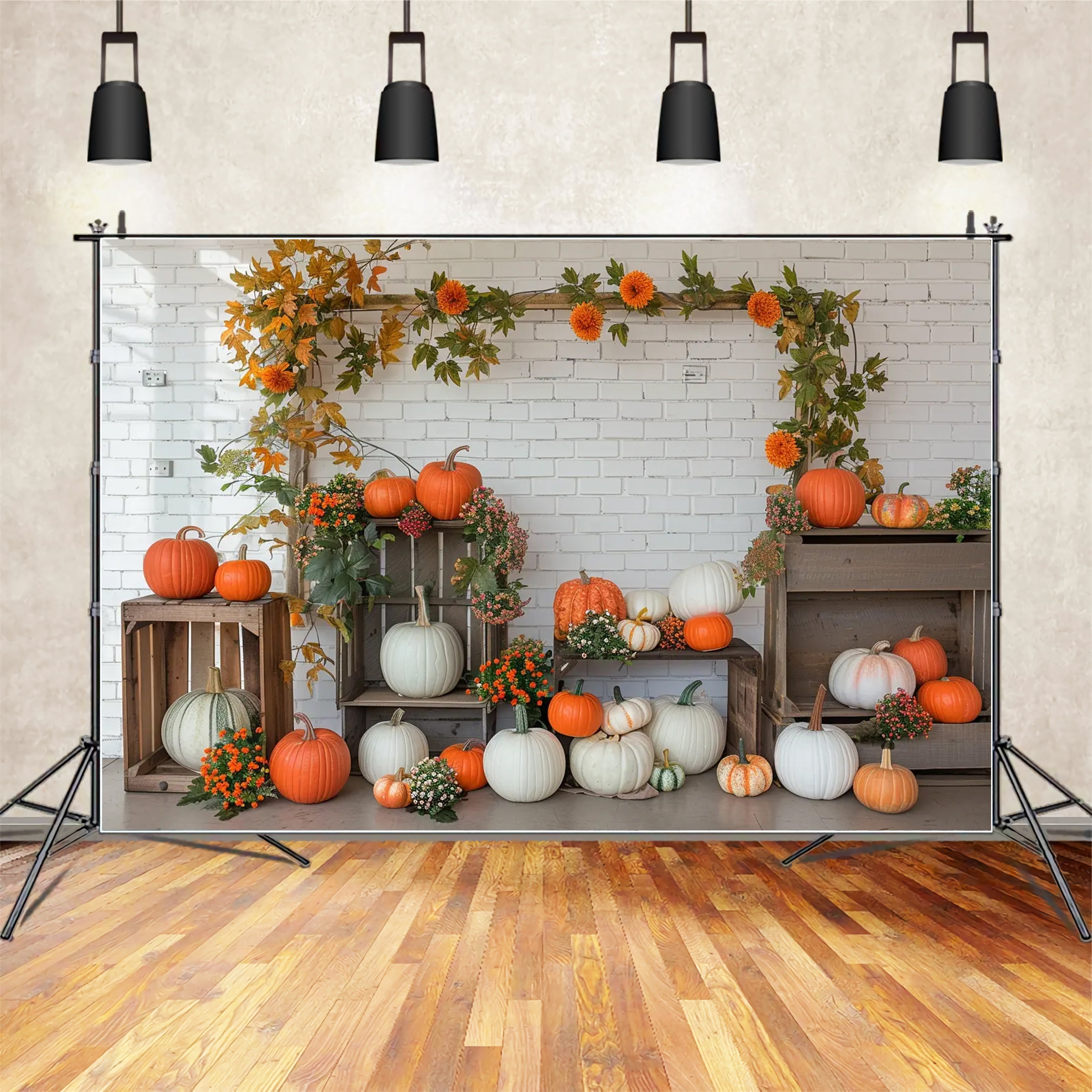 Toile de fond d'étagère avec citrouilles et mur blanc d'automne BRP7-141