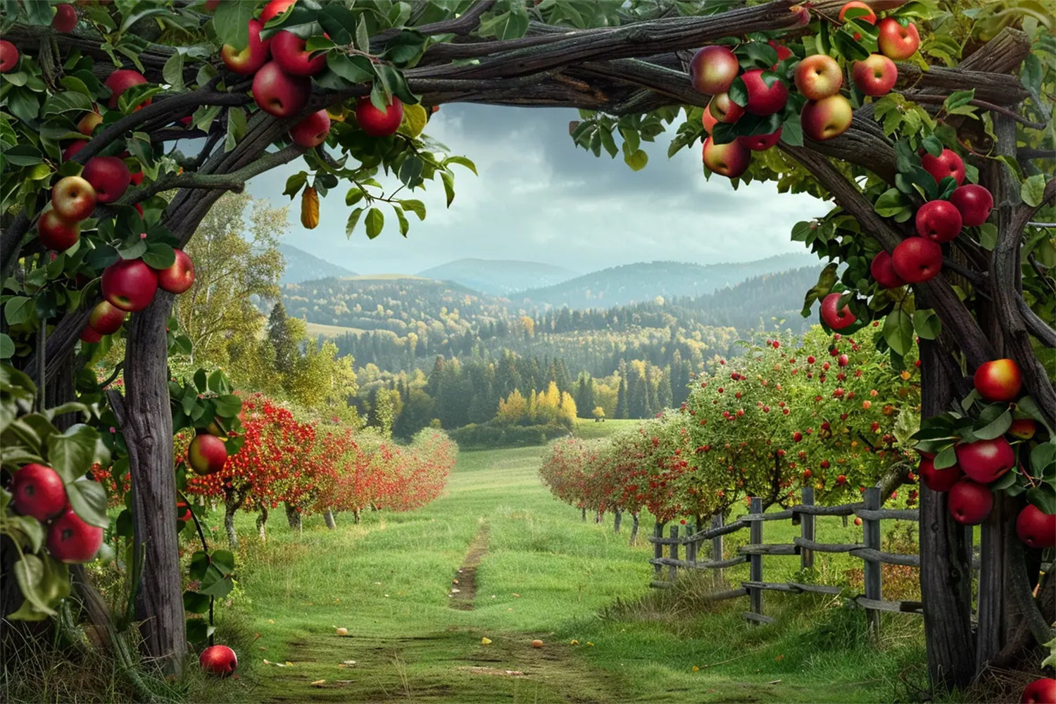 Toile de fond de ferme avec arche de pommes et montagne d'automne BRP7-142