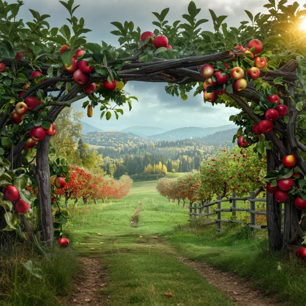 Toile de fond de ferme avec arche de pommes et montagne d'automne BRP7-142