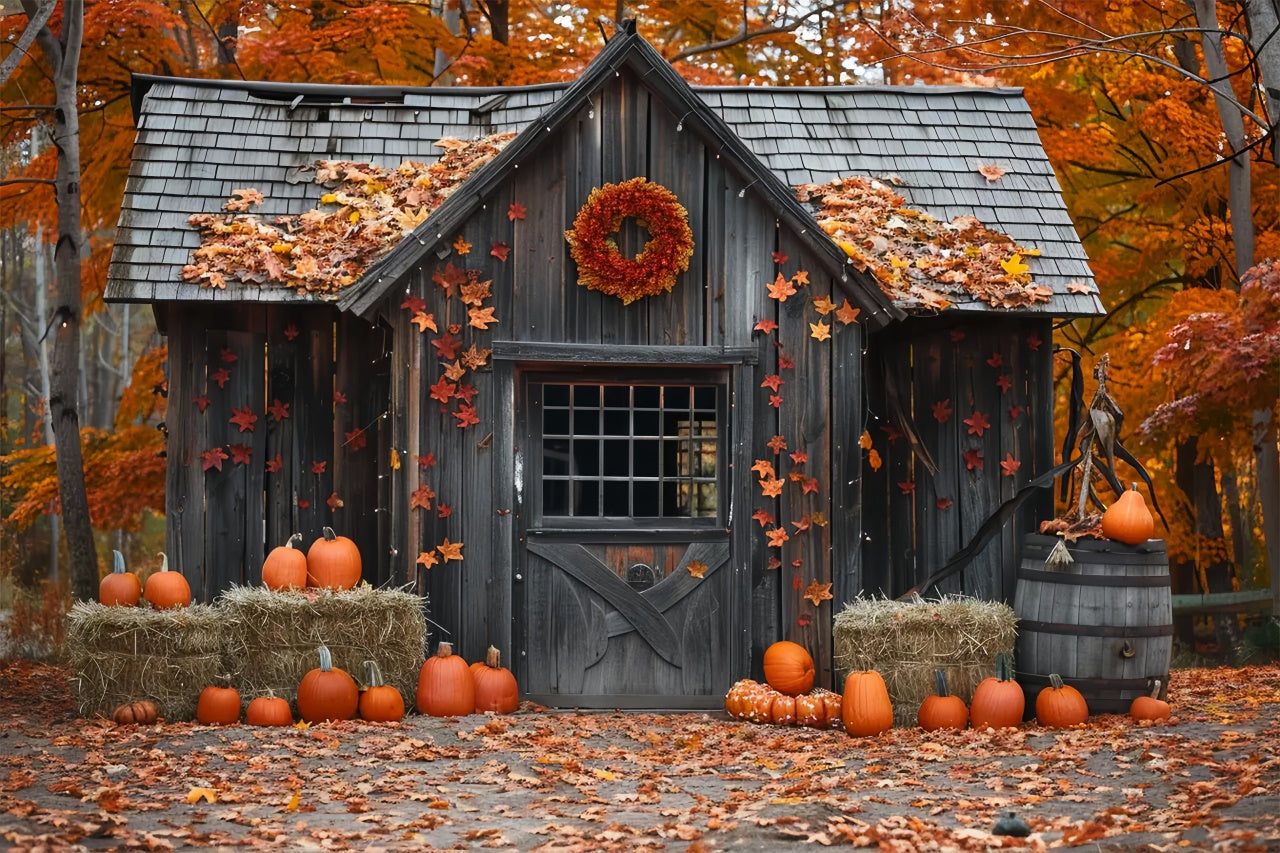 Toile de fond de maison en bois avec feuilles et citrouilles d'automne BRP7-144