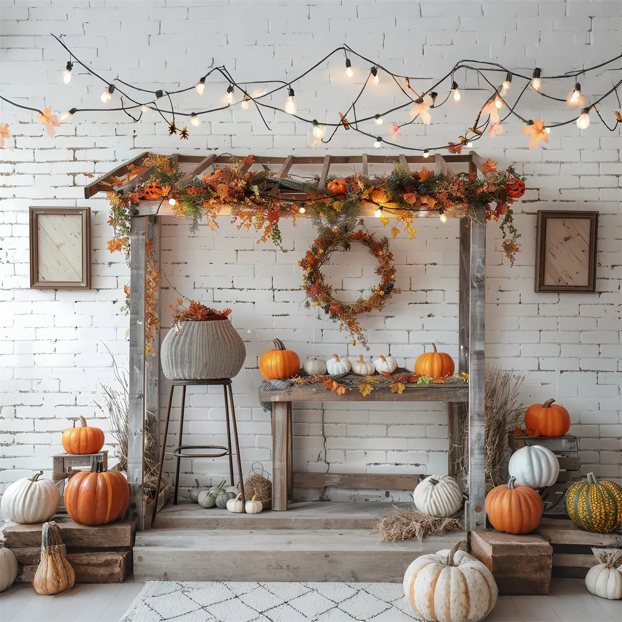 Toile de fond de stand de citrouilles avec lampe et briques blanches d'automne BRP7-145