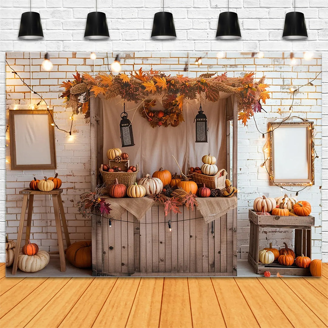 Toile de fond de stand de citrouilles avec briques blanches d'automne BRP7-146