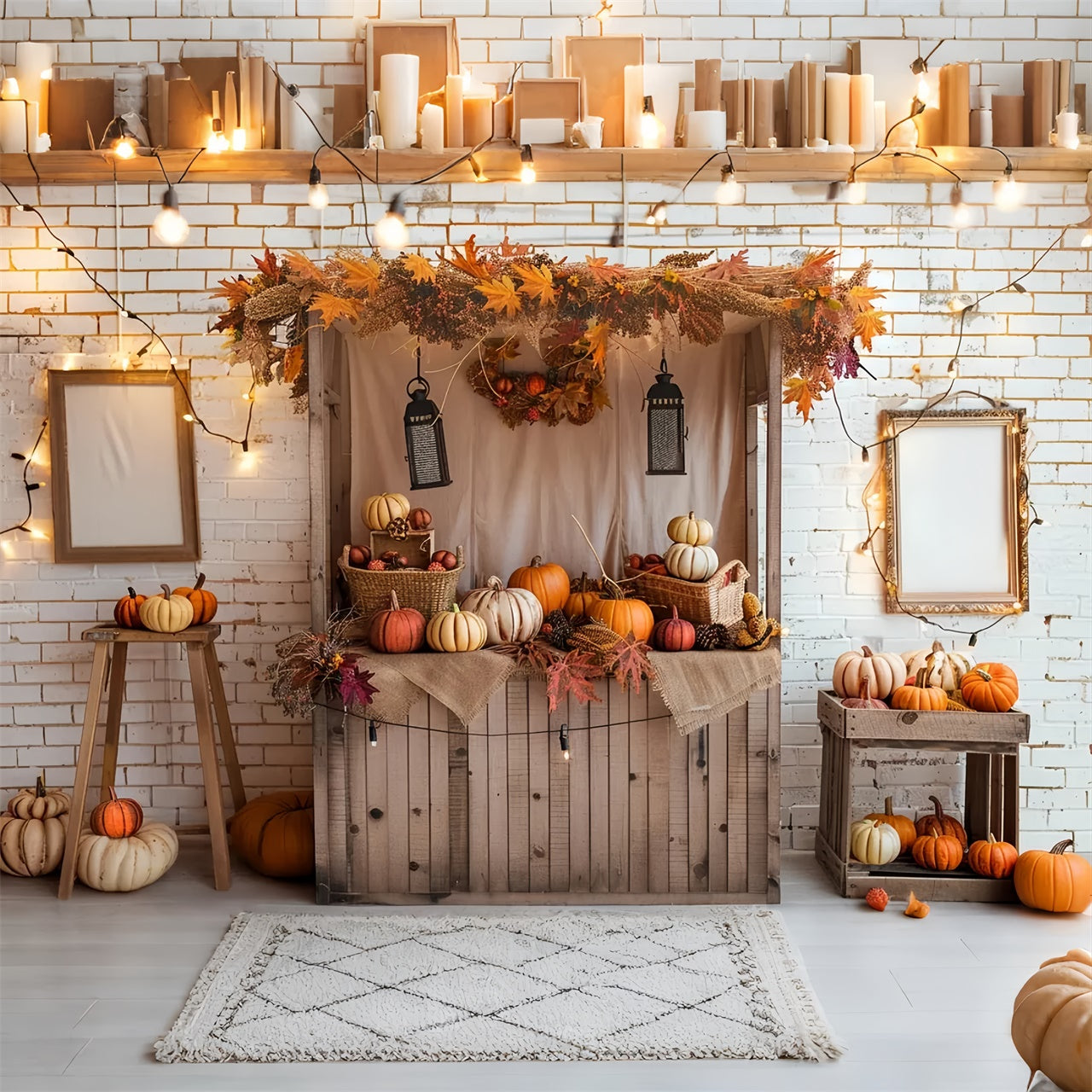 Toile de fond de stand de citrouilles avec briques blanches d'automne BRP7-146