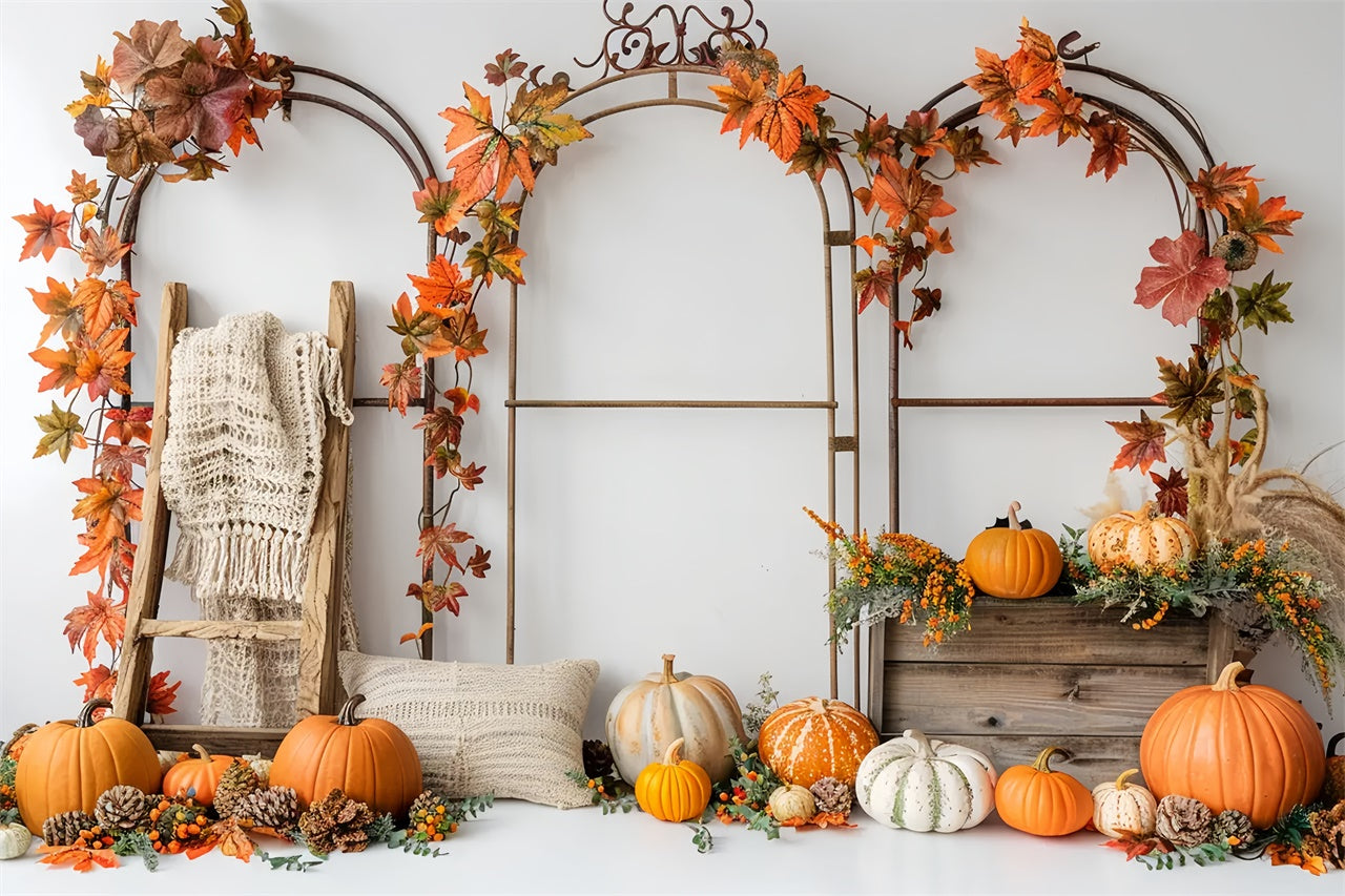 Toile de fond de stand avec arche de citrouilles et feuilles d'automne BRP7-150