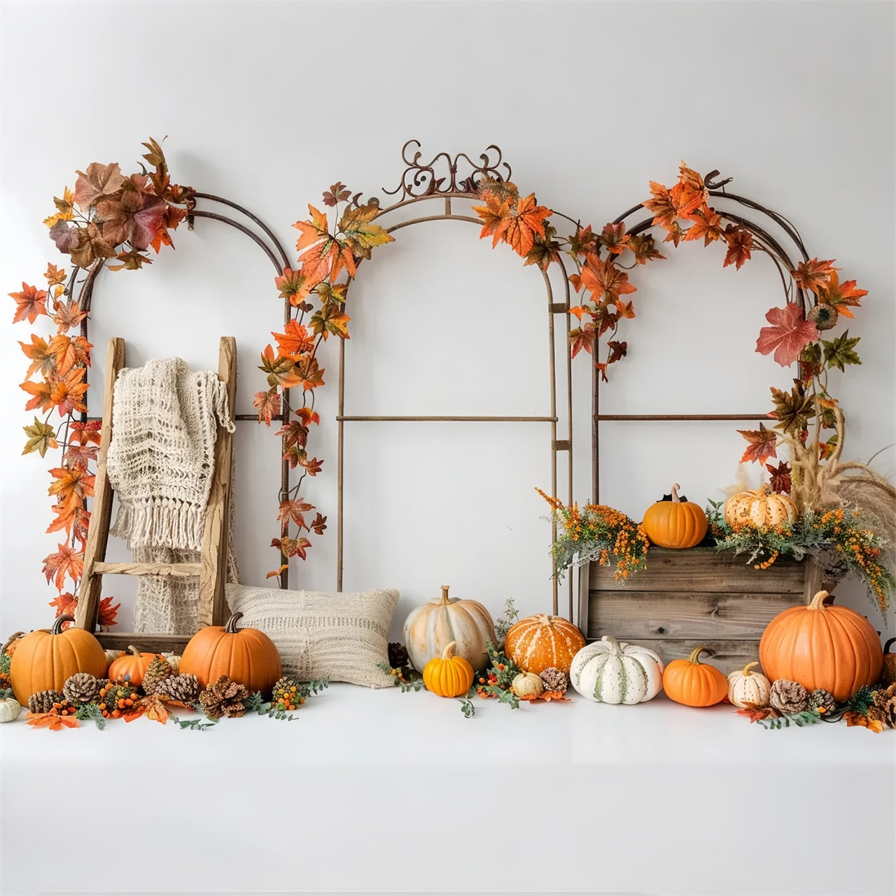 Toile de fond de stand avec arche de citrouilles et feuilles d'automne BRP7-150