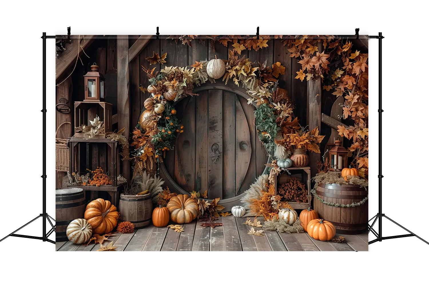 Toile de fond de porte de grange ronde avec feuilles et citrouilles d'automne BRP7-152