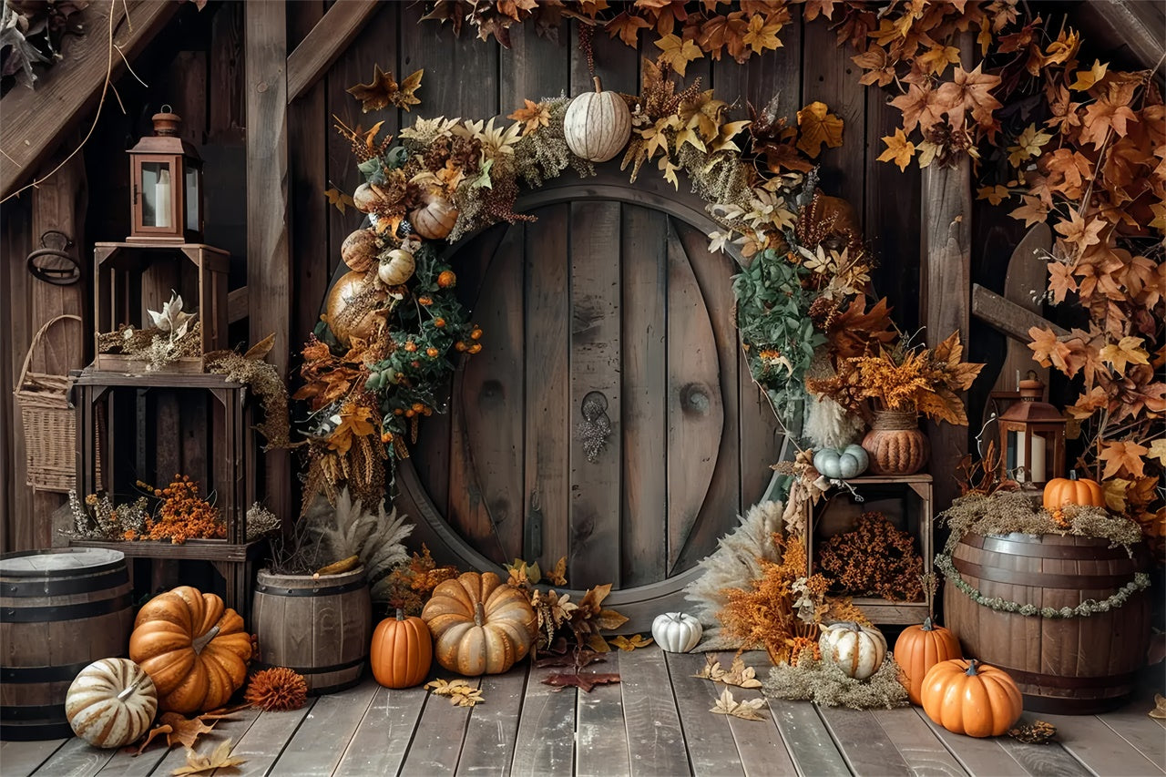 Toile de fond de porte de grange ronde avec feuilles et citrouilles d'automne BRP7-152