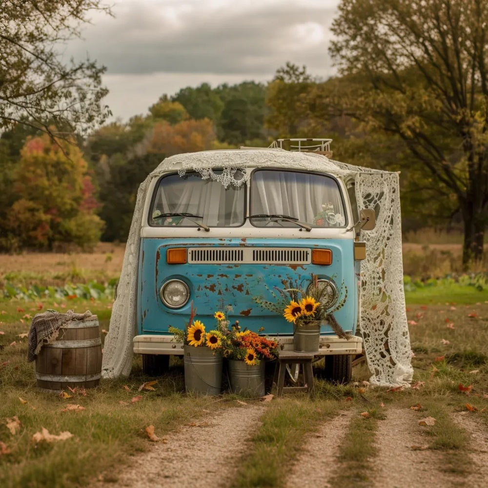 Toile de fond de bus bleu et blanc avec tournesols en automne BRP7-156
