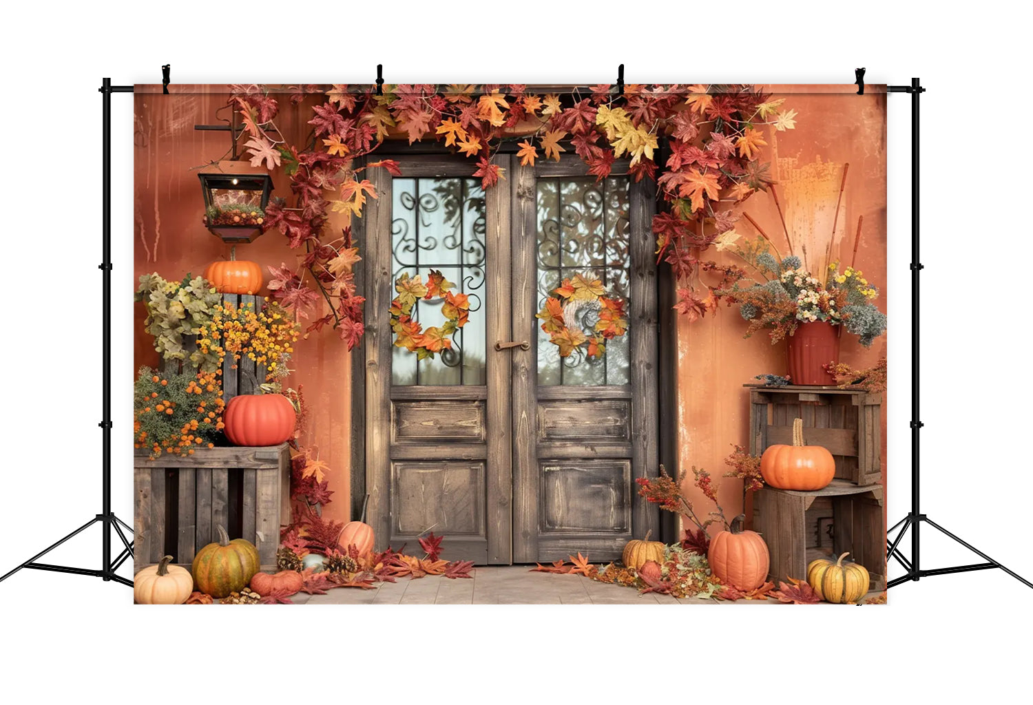 Toile de fond de mur orange avec feuilles et citrouilles d'automne BRP7-157