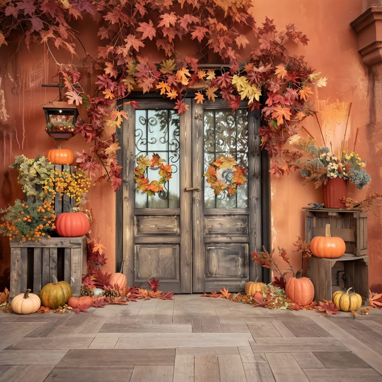Toile de fond de mur orange avec feuilles et citrouilles d'automne BRP7-157