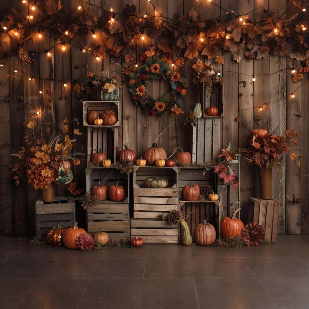 Toile de fond de bois brun foncé avec feuilles et citrouilles d'automne BRP7-160