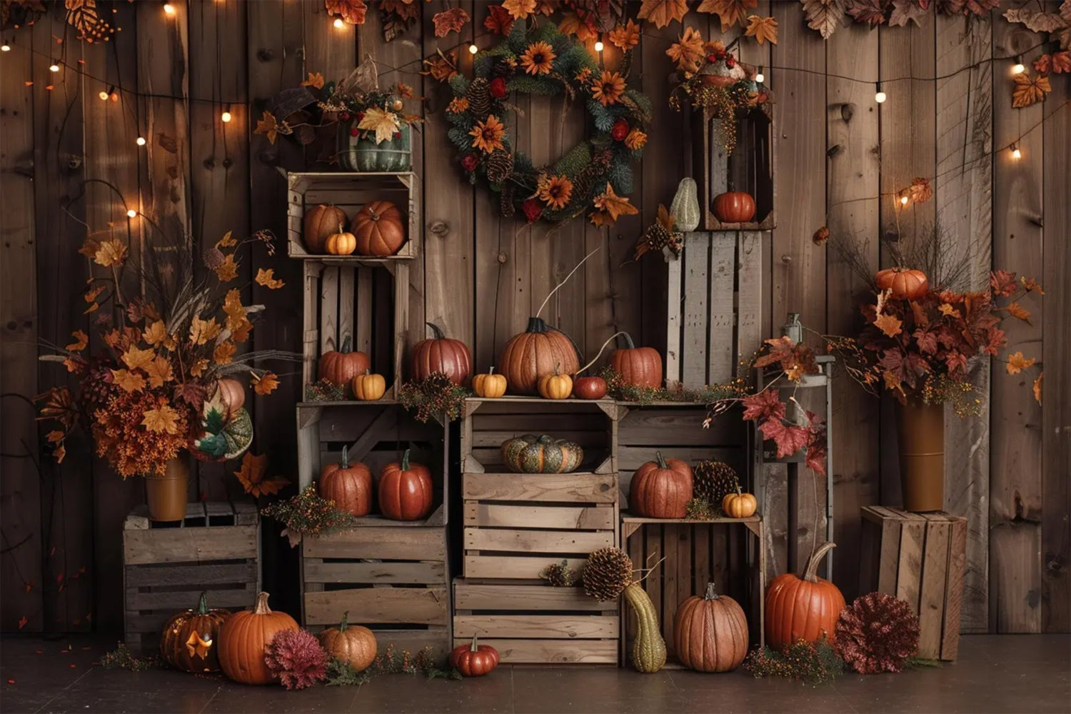 Toile de fond de bois brun foncé avec feuilles et citrouilles d'automne BRP7-160