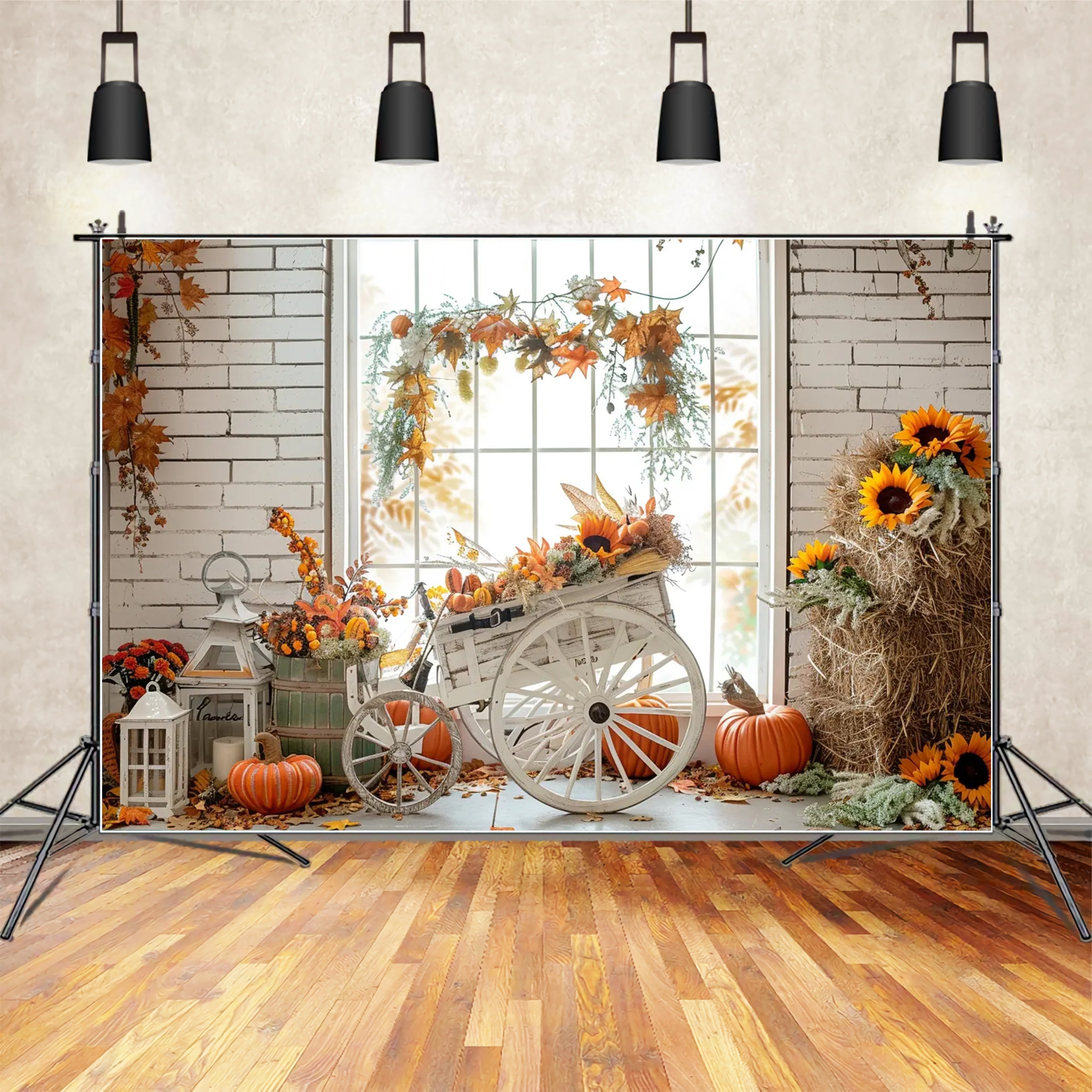 Toile de fond de tricycle avec citrouilles, paille et feuilles d'érable d'automne BRP7-163
